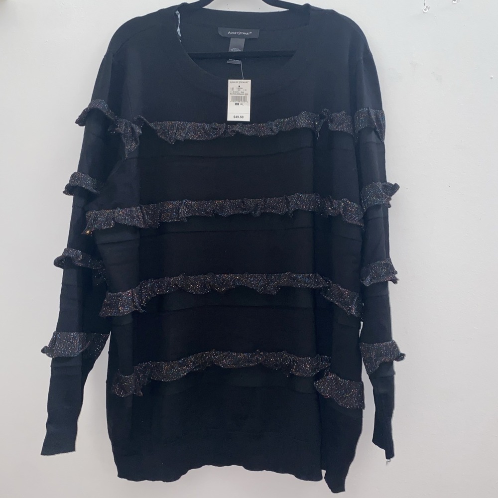 Ashley Stewart Sweater Glitzy Black‎ NWT Size 26 Fringe Tiered Metallic